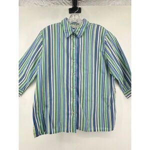 VTG Allison Daley Women Blue Green Striped Button Down Shirt Floral Trim Size 14